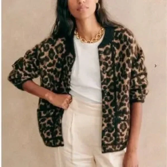 NWOT Sezane Noah Wool-Blend Cardigan in Leopard Animal Print Cardigan SZ S - Picture 1 of 10